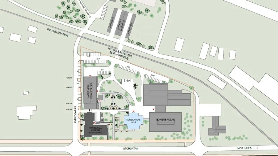 Här är planområdet. Huset byggs intill verkstadsutbildningens lokaler, som töms och kan användas av Vattenfall.
