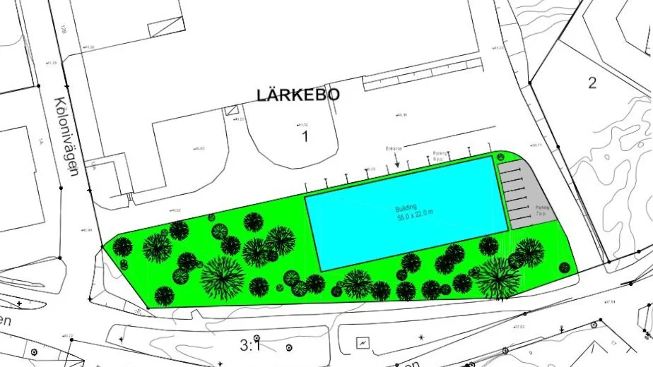 Ovanför grönområdet på kartan ser man byggnaden där Granngården och Oddis Lekland i Västervik ligger. 