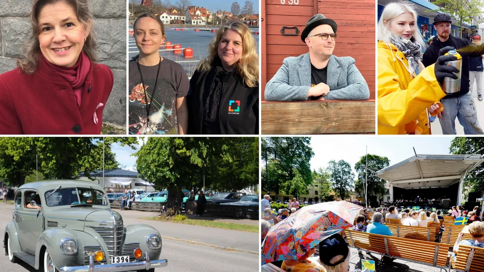 Pernilla Eklund, Mitt Strängnäs, Isa Nelsson och Annika Busch Palm, båda från kulturkontoret, samt eventarrangören Nicklas Lindström. I kollaget syns även bilder från en tidigare kulturdag, Strängnäs bilcrusing och nationaldagsfirande i Ugglans park.