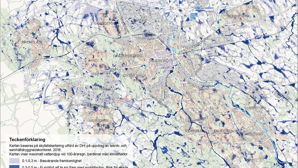 Skyfallskarteringen från 2016. Ju blåare områden desto större risk vid skyfall. 