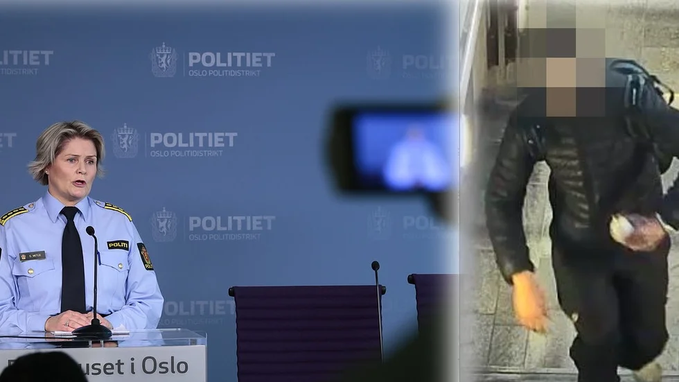 Polisinspektören Grete Lien Metlid, ledare för polisdistriktet i Oslo, och en övervakningsbild på den misstänkte mannen.
