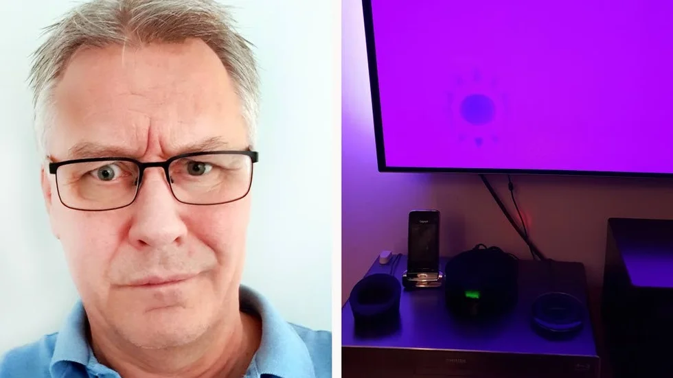 Stefan Bodin upptäckte ett konstigt mönster på sin tv. Det visade sig vara Nyhetsmorgons sol-logo som bränts in i tv-bilden.