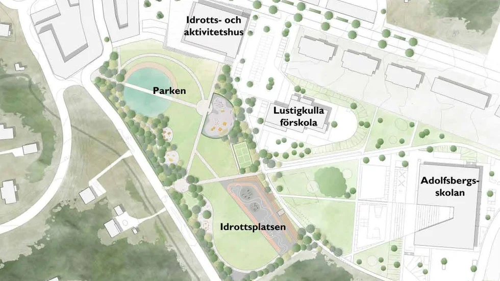 Idrottshallen med tillhörande idrottsplats planeras  intill det nya torget i Alsike Nord.