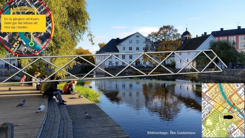 Skiss. I Åke Gustavssons bild har han dels lagt in vad Uppsala kommun presenterar och dels en av honom tänkt bro på avsedd sträckning.