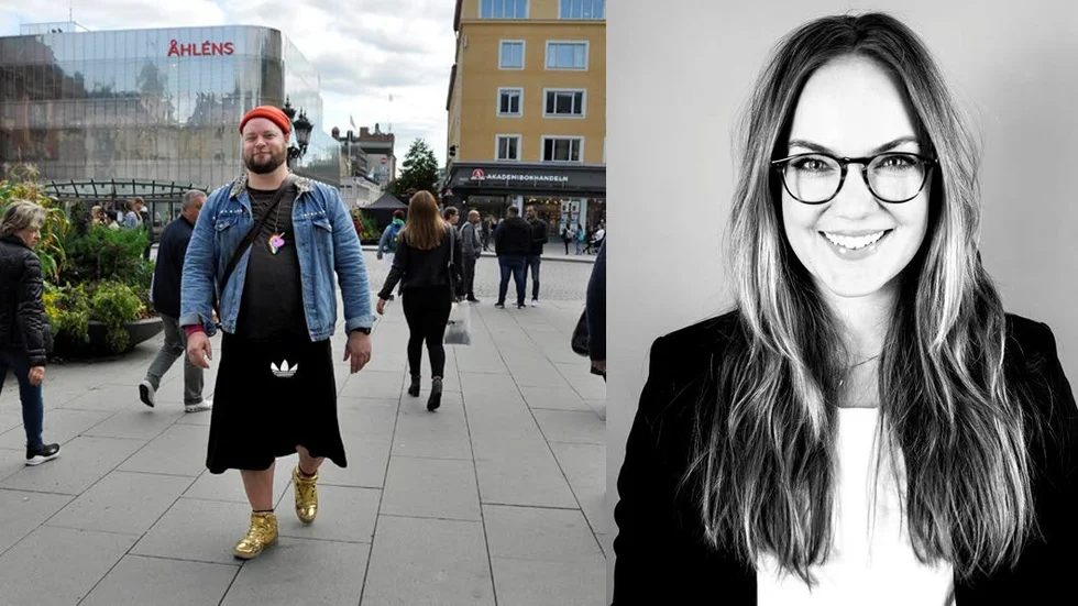 Jacke Engblom klär sig i kjol, ungefär en gång i veckan. Emma Lindblad är doktor i modevetenskap och berättar att män är mer begränsade än kvinnor i sina val av kläder.
