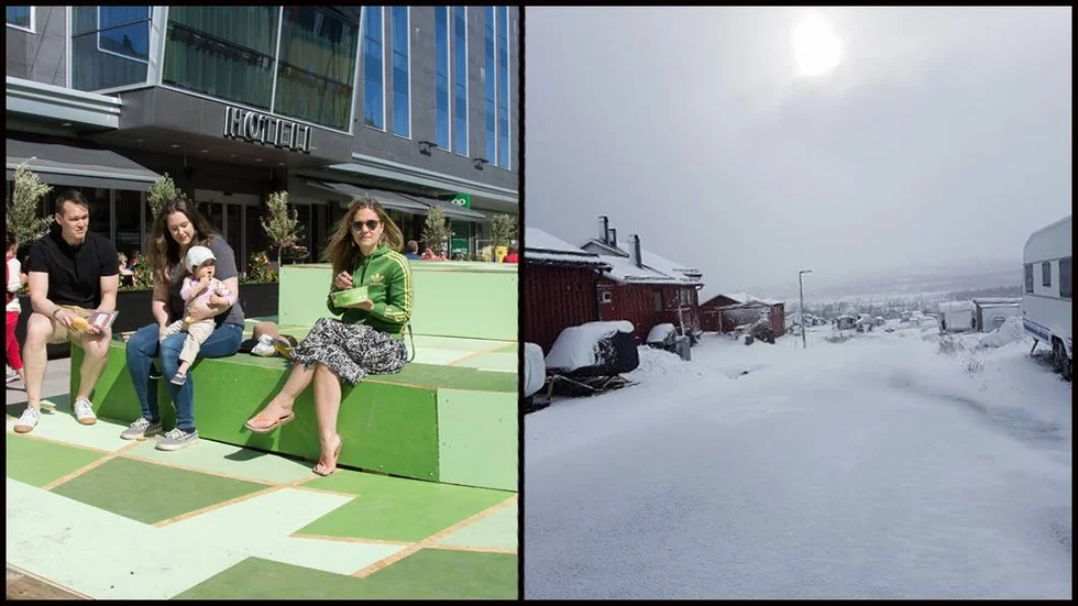Sol och glassätande på nya "sommargatan" i Luleå 28 maj. Amanda Broberg, Katterjåkk, fick skotta när hon klev utanför dörren i morse.