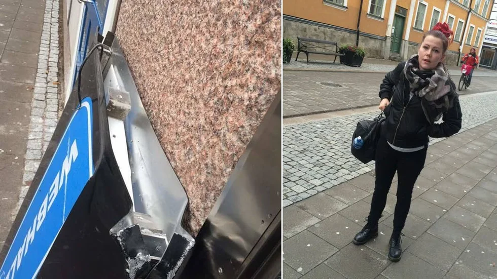 Till vänster: Skylten som föll från väggen. Till höger: Marie Boström på platsen där det hände.