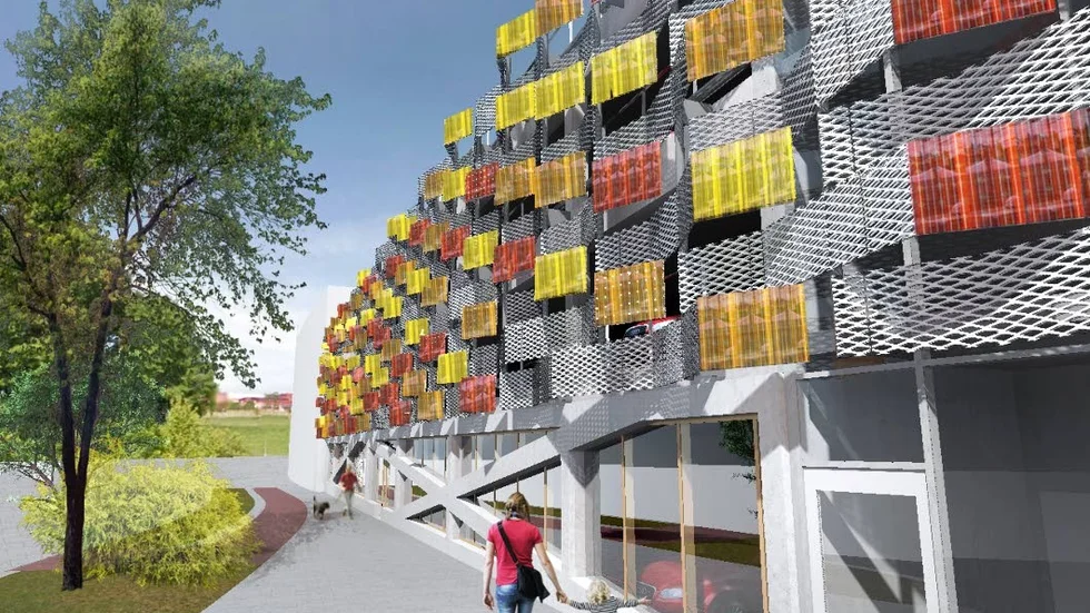 Så här ska huset se ut. Multihuset "Flustret". Hela fasaden ska vara täckt av solceller. Långt borta skymtar universitetsområdet.