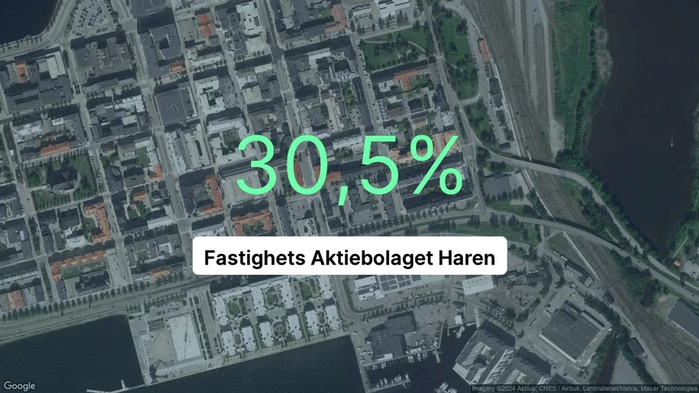 Illustrationen visar rörelsemarginalen för Fastighets Aktiebolaget Haren för det senaste året. Bakgrunden är en satellitbild över företagets adress.