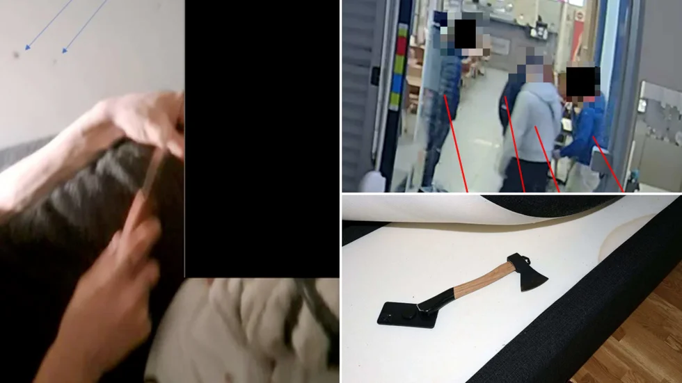 Mycket grovt våld med tortyrliknande inslag. 26-åringen anklagas för dubbla grova brott mot två brottsoffer i den egna lägenheten i Skellefteå. Stora bilden visar en mobilfilm när offret i höstas hotades med kniv. De andra bilderna sägs visa när det andra offret kidnappades 22 april och sedan blev utsatt för tortyrliknande våld.