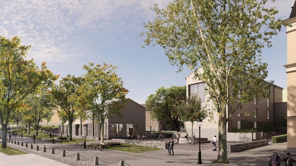 Två nya hus planeras i vinkel vid Åsgränd-Odinslund, ett tredje hus längre in i kvarteret. Exakt utseende bestäms senare. Vy från Helga Trefaldighets kyrka. Villa Anna skymtar till höger. 