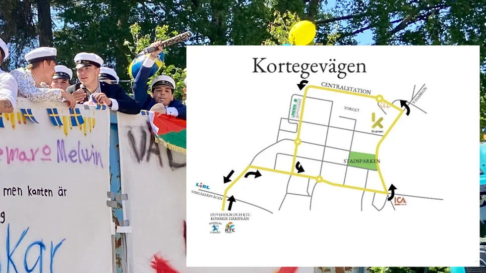 Kartan visar vilka gator som studentflaken passerar. Vill man få en bra glimt av studenterna är det alltså längs den gula linjen man bör stå.
