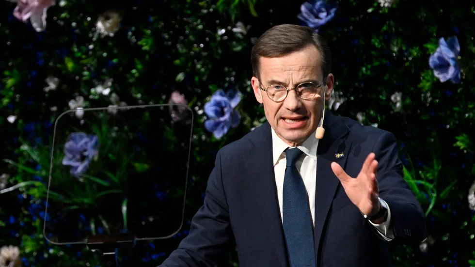 Partiledare och statsminister Ulf Kristersson håller tal under Moderaternas Sverigemöte på Waterfront i Stockholm.