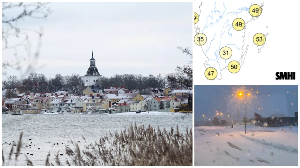 Ovanligt få soltimmar i sydöstra Sverige i februari. Den infällda grafiken visar antalet soltimmar enligt SMHI.