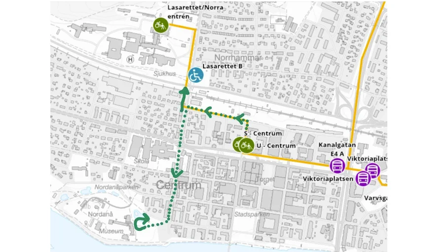 Den gröna linjen är den föreslagna körvägen mot sjukhuset via Nordanå. Gul linje är befintlig dragning.