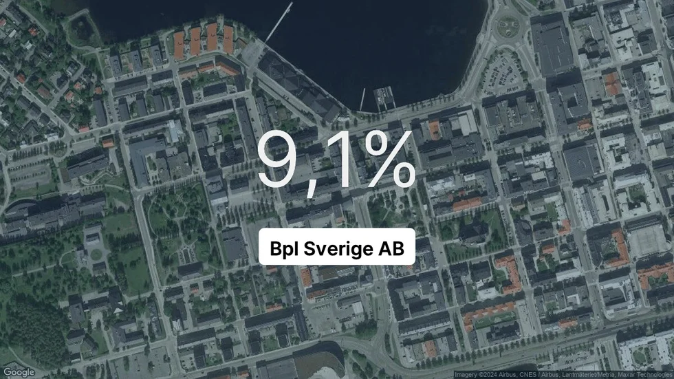 Illustrationen visar rörelsemarginalen för Bpl Sverige för det senaste året. Bakgrunden är en satellitbild över företagets adress.