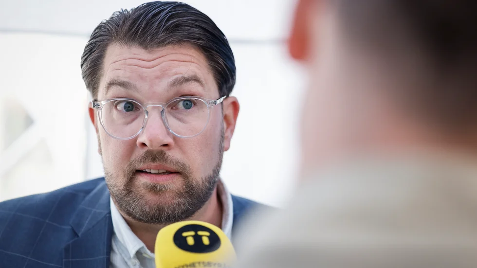 Sverigedemokraternas partiledare Jimmie Åkesson i samband med hans tal i Umeå under sin EU-valturné.