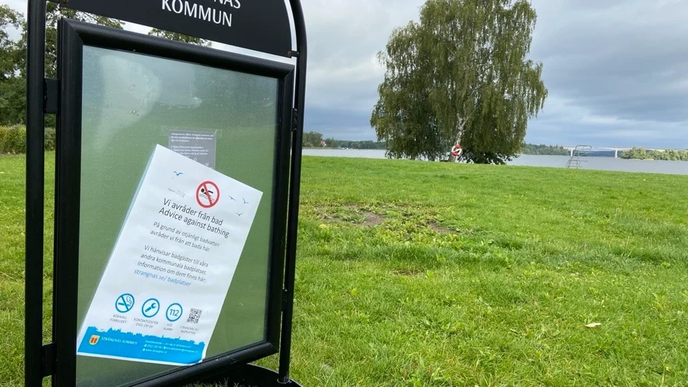 Kommunen har ställt upp en gatupratare på gräsmattan vid Visholmen, med information om avrådan från bad i det otjänliga vattnet.