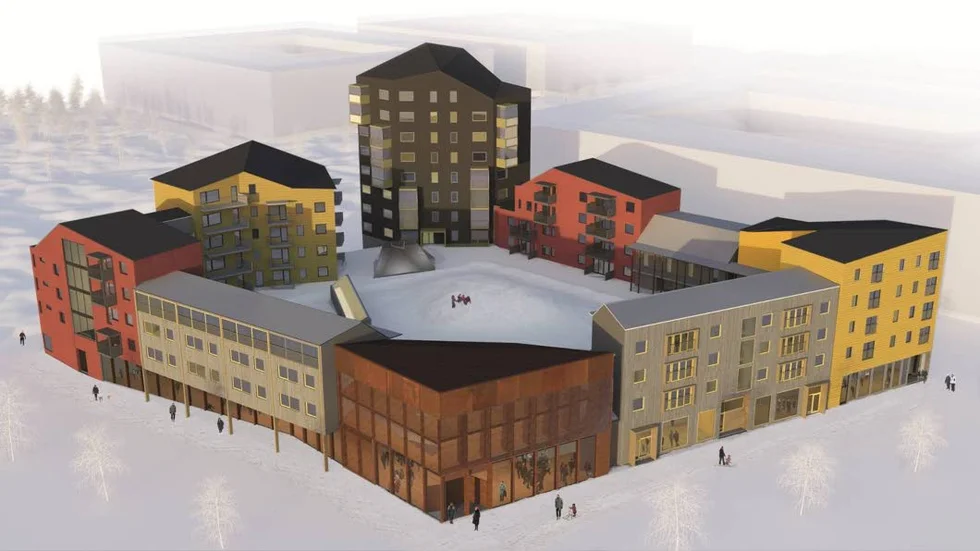 Ralph Erskine. Det här bostadsområdet liknar kvarteret ortdrivaren i nuvarande Kiruna. Den gula Berlinmuren, Mullbänken och Snusdosan eller Spottkoppen i det bortre hörnet.