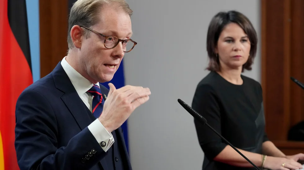 Sveriges och Tysklands utrikesministrar Tobias Billström och Annalena Baerbock.