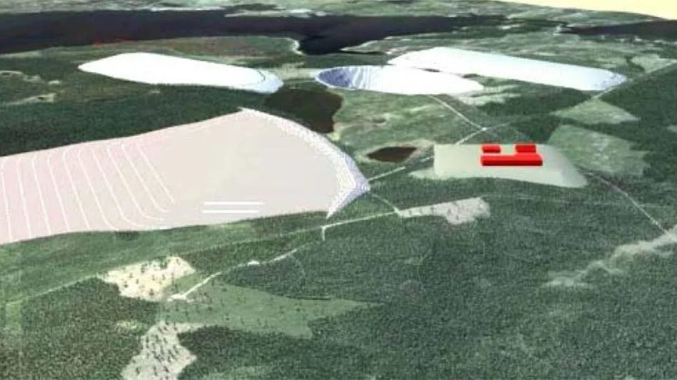 Så här planerar Jokkmkk iron mines att gruvområdet i Kallak ska se ut i framtiden. Dagbrottet, sanddeponi och två gråbergsupplag.