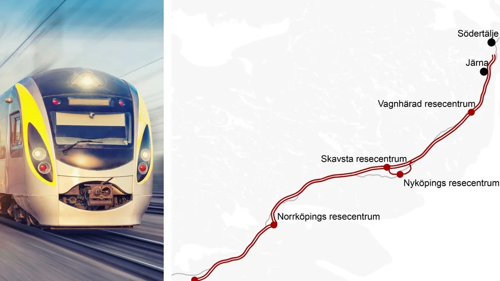 Ostlänkens dragning från Södertälje i norr till Linköping i söder.