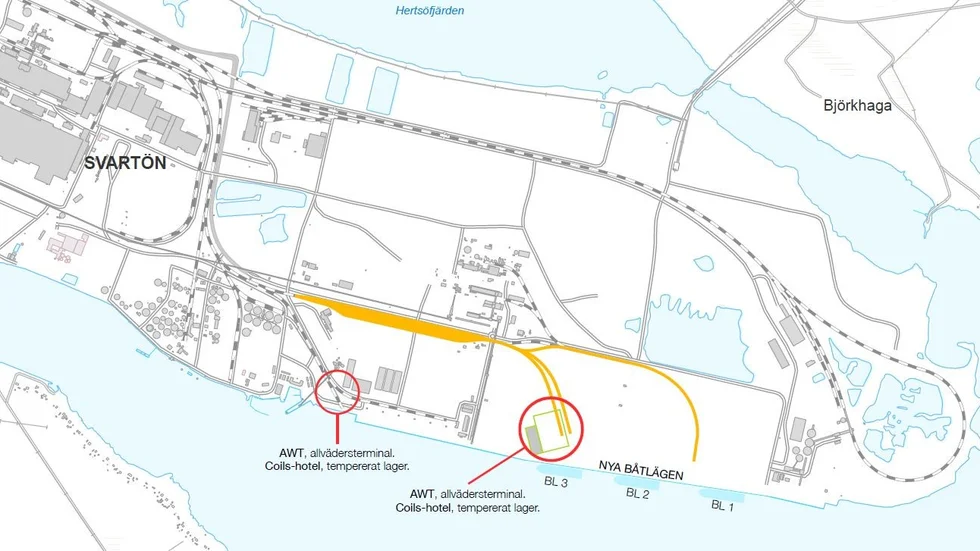 En principskiss över järnvägslayouten på Luleå Industripark. Ny järnväg är markerad med gult på skissen.
