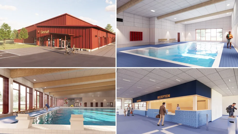 Badhuset på Larslunda IP får röd fasad. På bilden syns två av de totalt fyra bassängerna, bland annat den som mäter 25 meter, och receptionen.