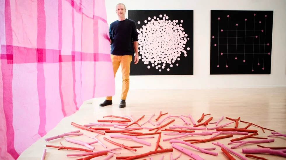 Verket "Stigande fallande", sex gånger fyra meter stort, silar ljuset i konsthallen. Verken bakom Torbjörn Johansson har titlarna "Gemenskap" och "Särbor". De röda klykorna på golvet i "Brasa" förstärker de rosa.