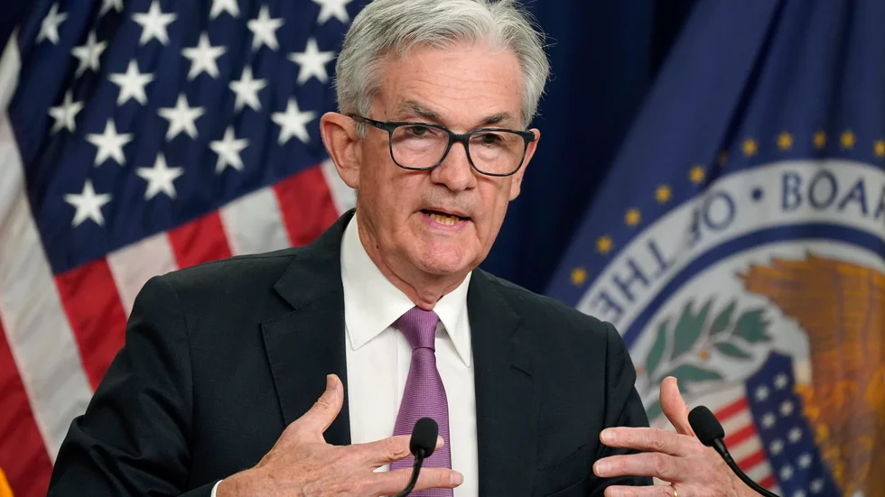 USA: centralbankschef Jerome Powell under en presskonferens efter mötet i juli. Arkivbild.