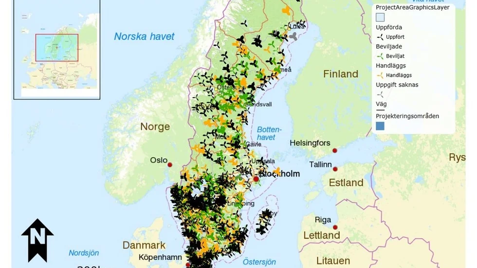Karta över befintlig, planerad vindkraft i Sverige. Illustration Lantmäteriet.