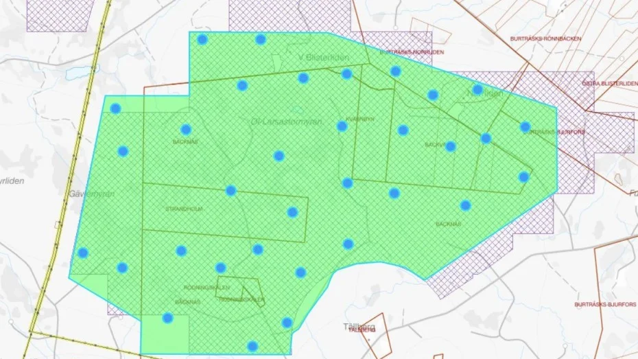 Grönt område är vindkraftsparken och blå prickar visar var verken ska stå.