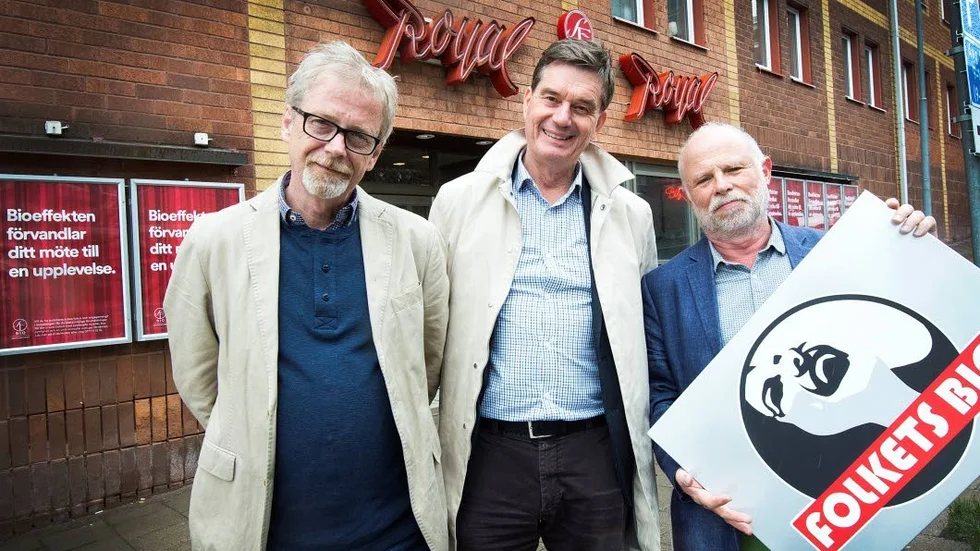 Kulturnämndens ordförande Omar Jakobsson, SF Bios informationschef Thomas Runfors och Folkets Bios ordförande Andreas Hoffsten när Folkets Bios flytt till Royal tillkännagavs tidigare i år.