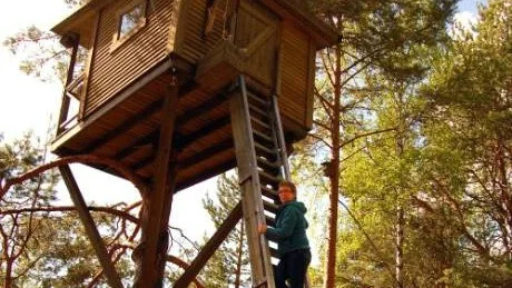 HÖGtFLYGANDE PLANER. Britta Jonsson Lindvall på väg upp i kojan som utgjorde rekvisita i filmen "Trädälskaren". Foto: Håkan Zerpe