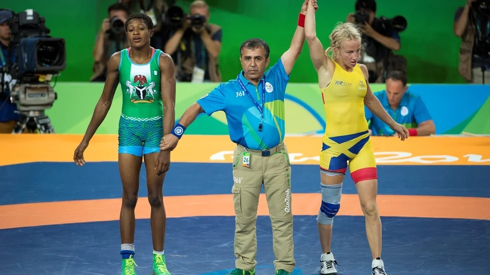 Rio de Janeiro 2016-08-18
Brottaren Sofia Mattsson vann sin match mot  Odunayo Adekuoroy från Nigeria i åttondelsfinalen i brottning i Carioca Arena under OS i Rio 2016.
Tobias Röstlund / TT / 1014