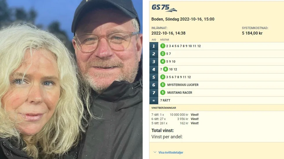 Marie Wannebrant, här tillsammans med sin sambo tillika en annan spelprofil Joakim Widén, spelade in hela tio miljoner som tio andelköpare får dela på. Andelsspelet på GS75 i Boden var det enda i Sverige med sju rätt. Till höger det vinnande systemet.