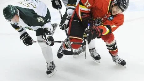 KAMP. Konstantin Komarek (röd) i tuff närkamp med Färjestads Patrik Lundh (vit).