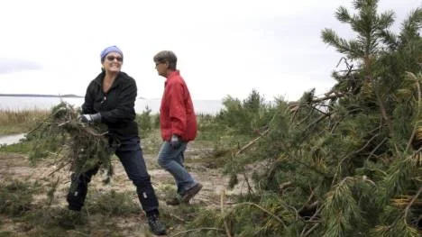 Maj-Lis Norlund och Eva Sturesson hjälper gärna till att göra i ordning strandområdet. "Jag har säkert samlat ihop 50 rishögar, men det har bara varit roligt" säger Maj-Lis.