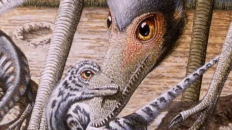 Söt dinobebis som tas om hand av en pappadinosaurie.