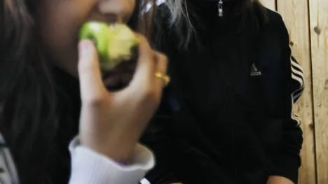 Hanna Isaksson är en av de drivande bakom strejken. Hennes kompis Haedil Shahd äter hellre ett äpple än skolmaten.