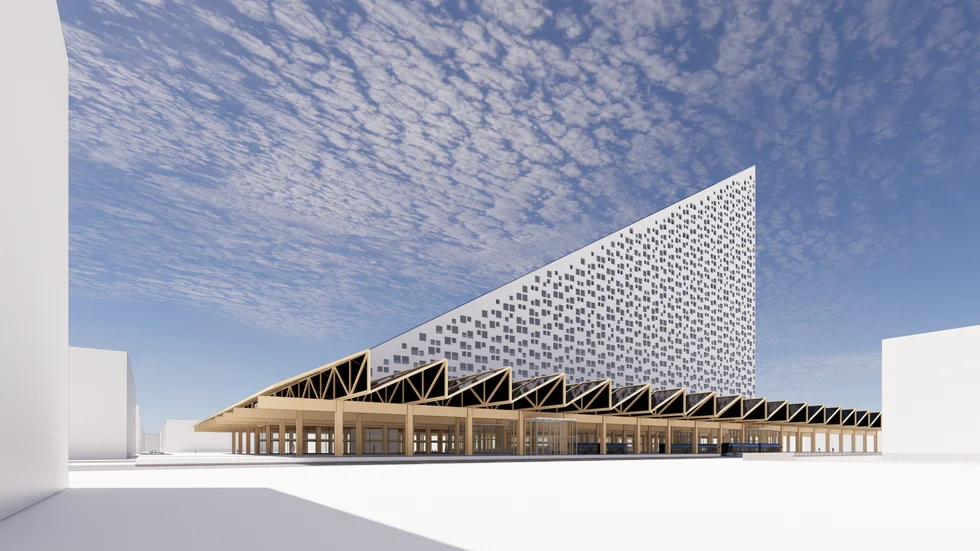 Förslag på ett nytt resecentrum, ritat av arkitekten Gert Wingårdh. "Resecentrumet är tänkt att inge en tempelkänsla. Det blir kanske det första mötet med Luleå för besökare och turister", säger Mats Rönnbo på Skanska.