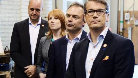 Alliansen kom till Kiruna med löften om pengar till malmtrafiken. Från vänster: statsminister Fredrik Reinfledt (M), näringsminister Annie Lööf (C), utbildningsminister Jan Björklund (FP) och socialminister Göran Hägglund (KD).