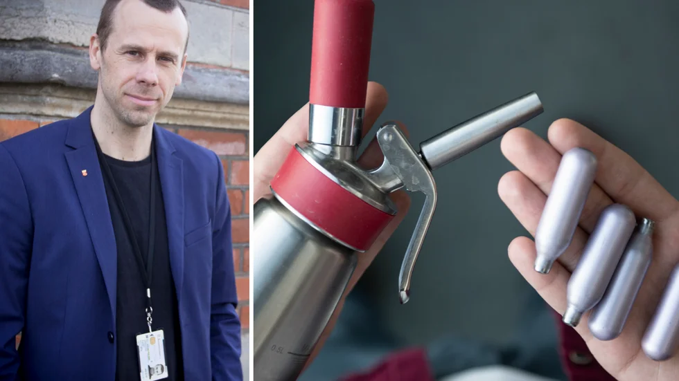 Tobias Plantin, säkerhetschef Katrineholms kommun, konstaterar att de hittar använda lustgaspatroner var och varannan vecka i Katrineholm. Arkivbilder.