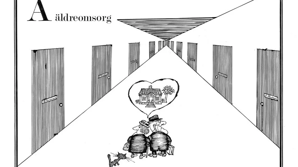 EWK, Ewert Karlsson, tecknade denna  bild 1979. Bilden tillhör EWK-arkivet på Arbetets museum.
