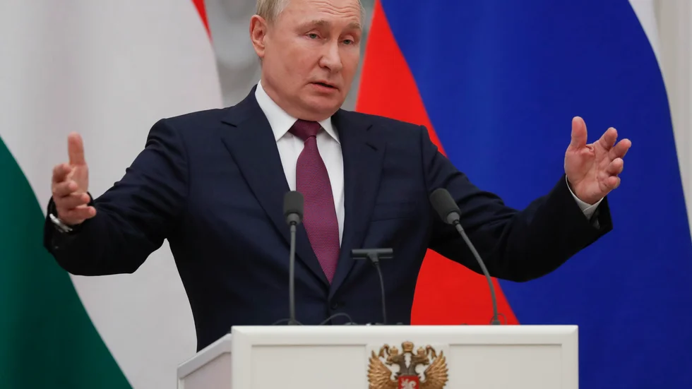 Rysslands president Vladimir Putin under tisdagens presskonferens med den ungerske premiärministern Viktor Orbán.