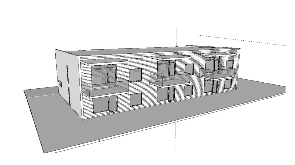 Skiss. Det blir ett tvåvåningshus med sex bostadsrätter. Foto: Illustration från Contractor Bygg.