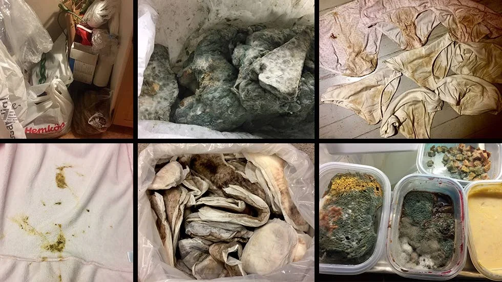 Vanvård. Här ar några av Joannas bilder från hur det såg ut i hennes mammas lägemhet. På bilderna ses  bland annat möglig mat i kylskåpet och använda bindor.