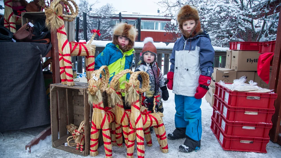 Leon Eklund, 5 år, Hjalmar Sjöberg, 2 år och Teodor Eklund, 7 år bor i Umeå. I helgen hälsar de på mormor och morfar i Piteå och passar också på att gå på julmarknad. "Jag vill köpa en julbock", säger Leon. Hjalmar och Teodor vill hellre shoppa julgodis.