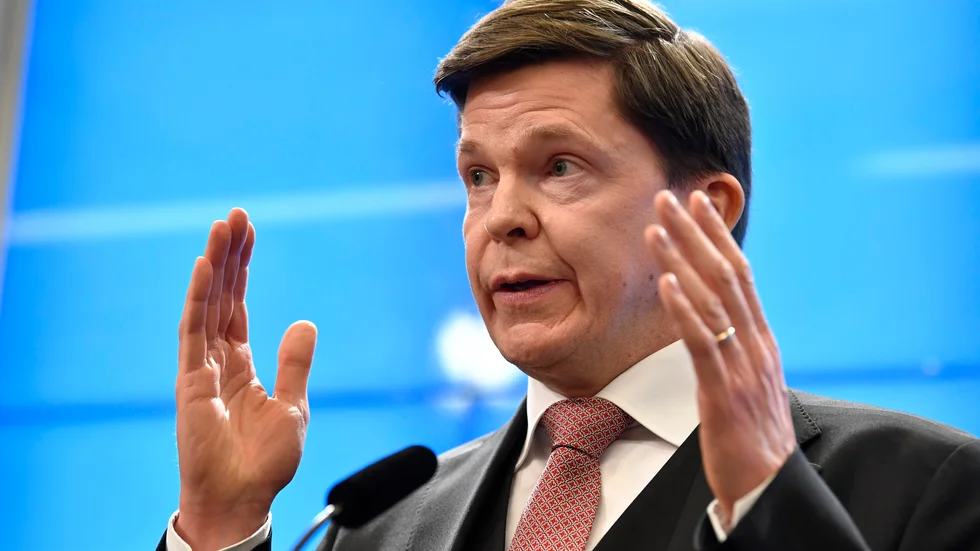 Riksdagens talman Andreas Norlén vid torsdagens pressträff.