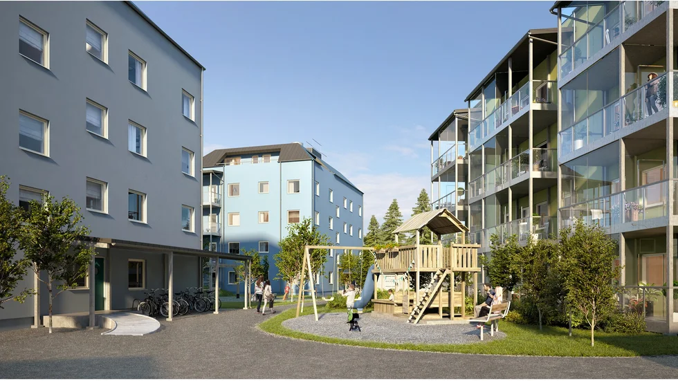 Innergård mellan husen. Illustration: Diakrit